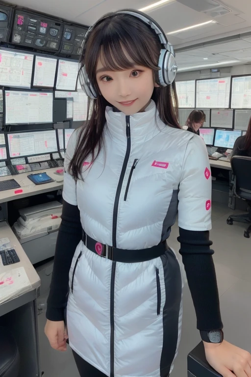masterpiece, Highest quality, Very detailed, 8K Portrait,Japanese Android Girl,plump , Control panel,Robotic arms and legs, Blunt bangs,,break (Metallic Gray, Metallic luster, Mirror finish, Astro Best):5,headphone:5,break (Black sleeves):100,Smart Watches,Futuristic space station,Control Room,break headphone,blue eyes,(Black Hair):2,(Long Hair):1.3,Displaying the viewer,(respirator),break blush:3,Hidden Hand,smile