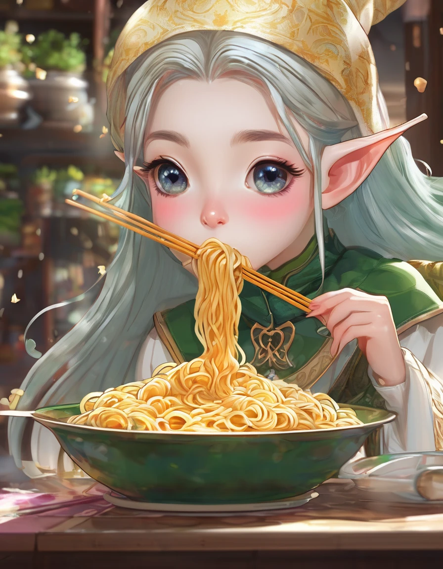 BREAK Perfect Anatomy、(High resolution:1.2)、Incredible illustrations、(Cute illustrations:1.2)、(Beautiful background) elf (blowing noodles out of her mouth)