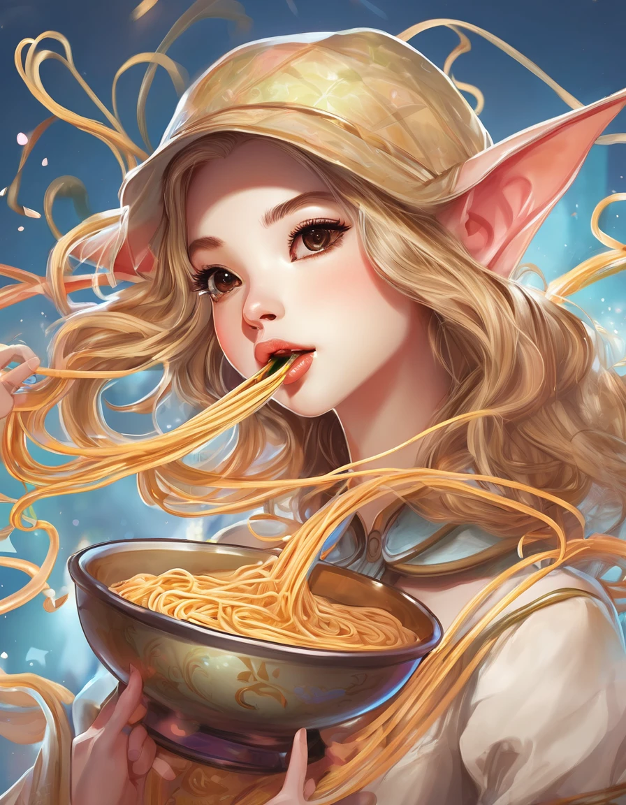 BREAK Perfect Anatomy、(High resolution:1.2)、Incredible illustrations、(Cute illustrations:1.2)、(Beautiful background) elf (blowing noodles out of her mouth)