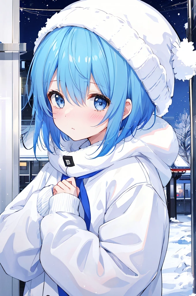 Girl、Blue hair short、Winter clothes、White knit hat、Embarrassed、
