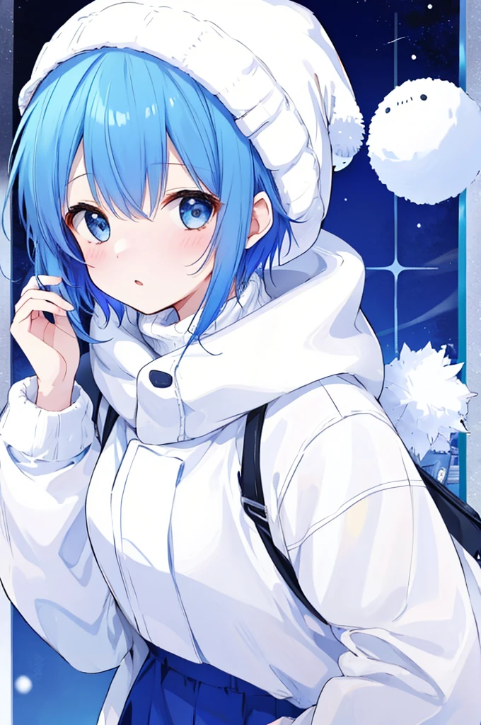Girl、Blue hair short、Winter clothes、White knit hat、Embarrassed、