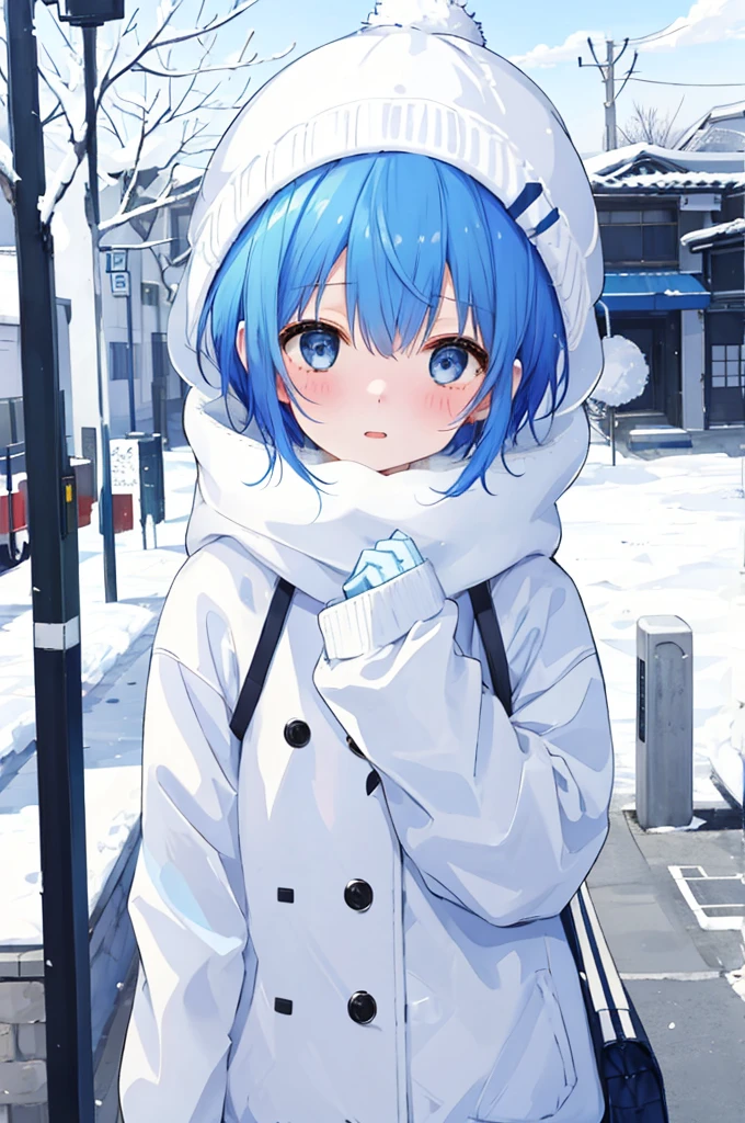 Girl、Blue hair short、Winter clothes、White knit hat、Embarrassed、