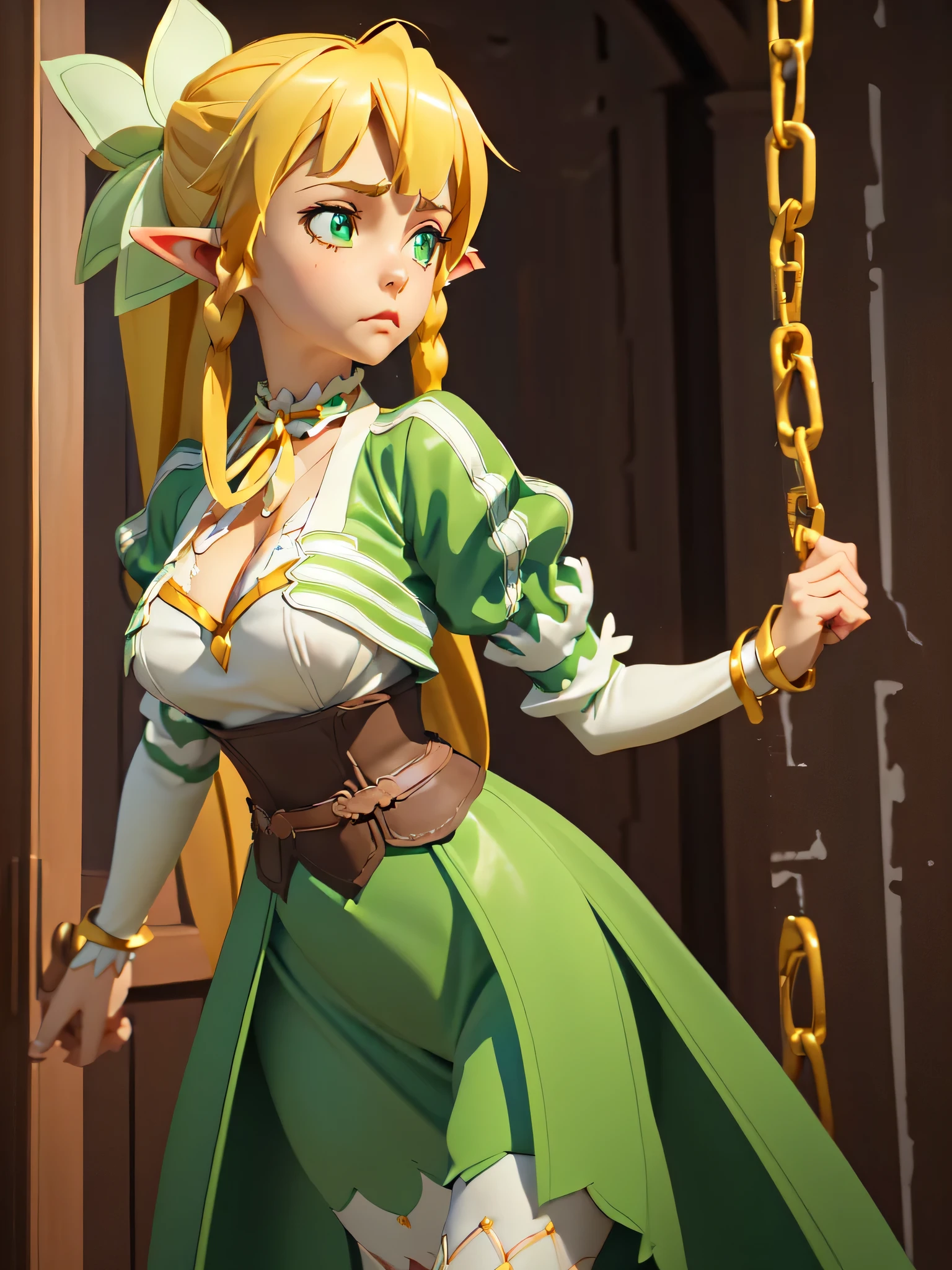 (1 female elf, masterpiece, best quality, ultra-detailed, beautiful detailed, (((extremely detailed face))), (((blunt bangs))), (((big ruffles and ribbon))), sad look, ( ((short tunic to the thighs))), blonde hair, green eyes, thin lips, round face, large breasts with cleavage, wide waist, 1.67m and 46kg, standing chained in the dungeon ((chains on hands and neck)) dramatic scene, leafa