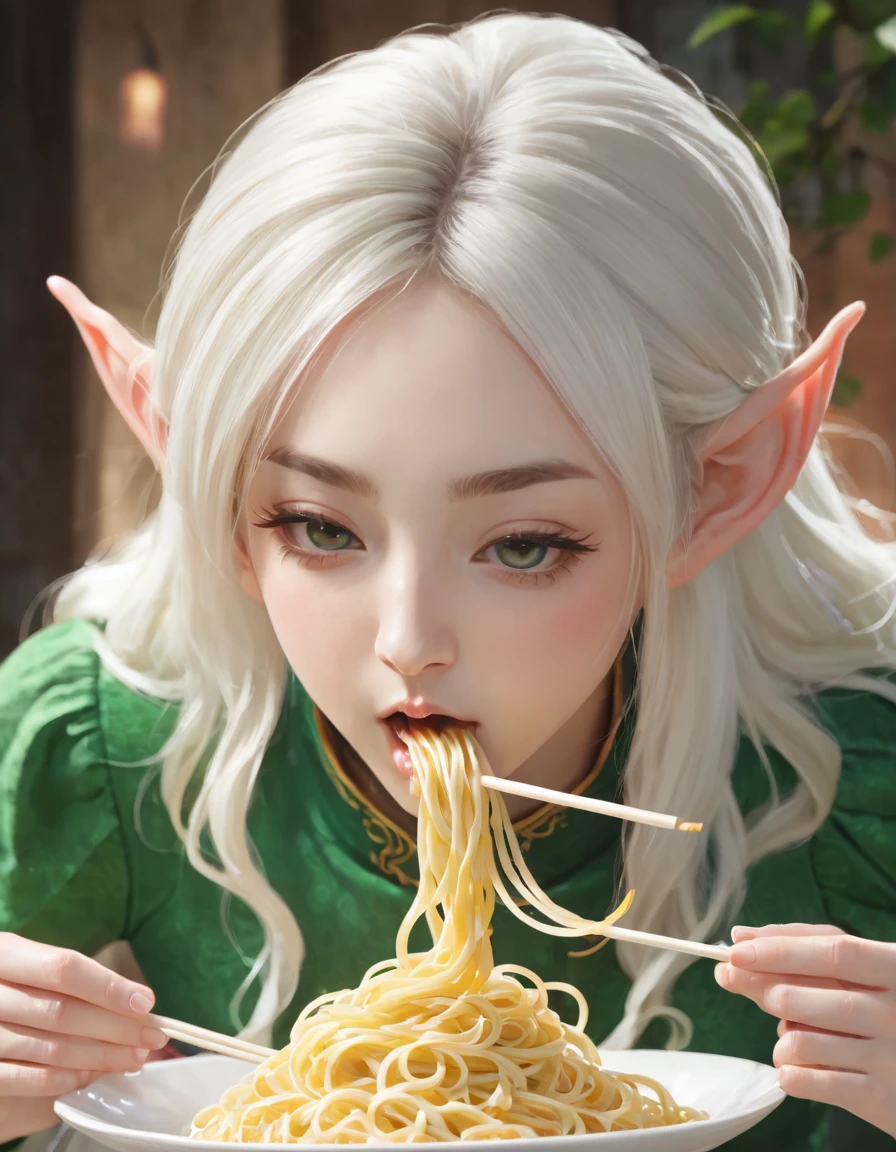 BREAK Perfect Anatomy、(High resolution:1.2)、Incredible illustrations、(Cute illustrations:1.2)、(Beautiful background) elf (blowing noodles out of her mouth)
