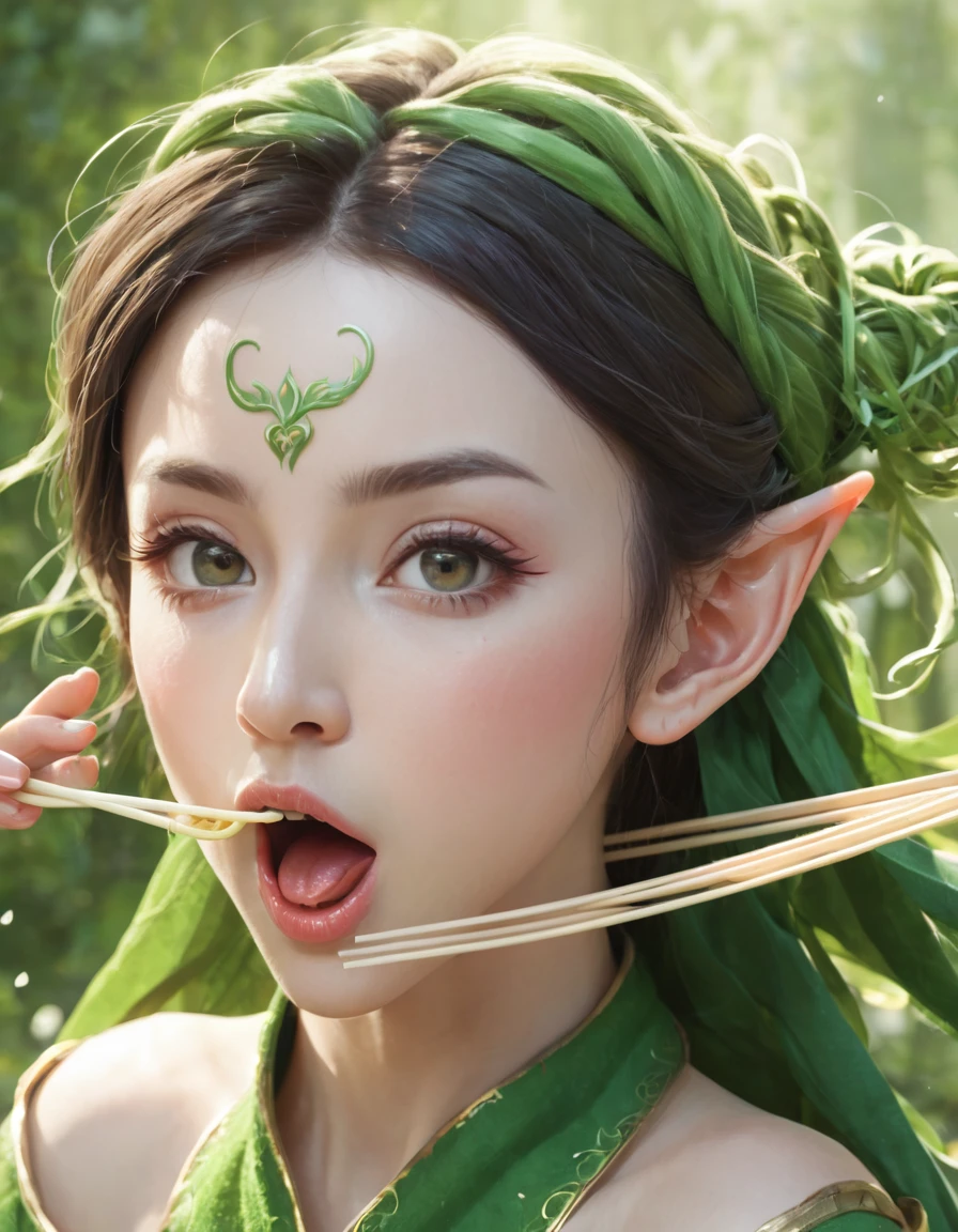 BREAK Perfect Anatomy、(High resolution:1.2)、Incredible illustrations、(Cute illustrations:1.2)、（Beautiful background） elf　(blowing noodles out of her mouth)