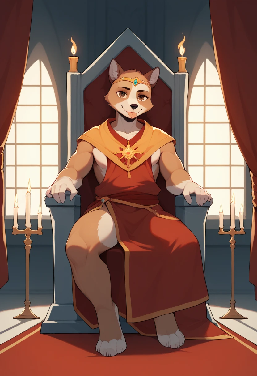 masterpiece, best quality, absurdres, very authentic, three-quarter view, solo, legless amputee, sitting, on chair, anthropomorphic beagle, brown fur, brown eyes, throne room, candlesticks, window, red curtain, staring at viewer seductively, tongue out, by ASaneMan, sunset, orange robes, circlet