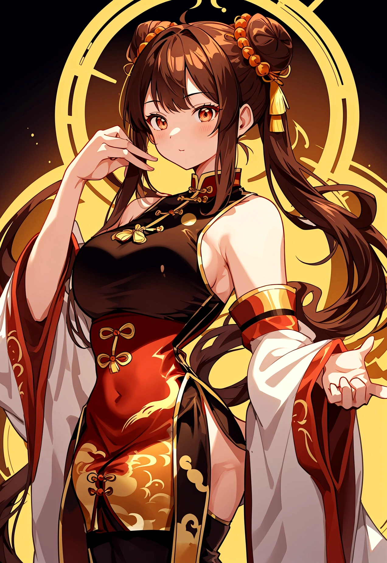 Huge Chinese martial artist girl.long brown hair in hime-cut style, which she ties in Chinese-style twin-buns using white ribbons . Golden eyes. fair-complexion and has a hourglass figure with moderate bust-size.sleeveless-strapless dark red long cheongsam with golden chinese dragon drawn on it.