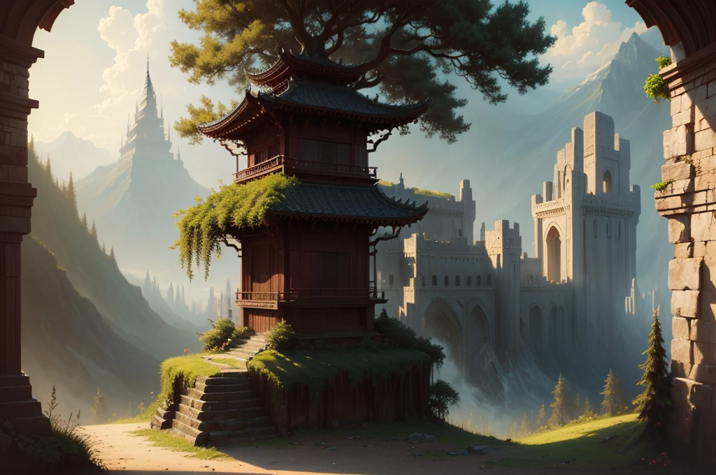 oriental city on the rainforest, upper look, dark concept art, fantasy illustration, dark fantasy artwork, artwork, painting, fantasy concept art, landscape, delicate illustration, soft brush swipes, soft paint, 