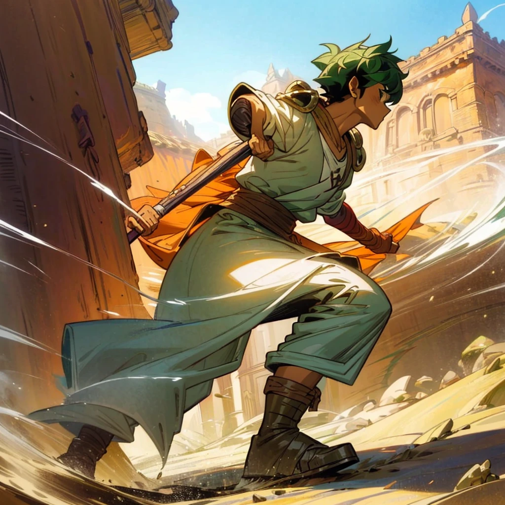 1boy, Full body version, 1character, (sand wanderer), brown eyes color, dark skin, (Curly cut hairstyle), small eyes type, green colour hair, doctor ancient roman clothing style, white color clothing, dark green robe, Ancient roman boots, armor vest, sands in two hand, Grassroots background in desert, (battle, battle gesture, battle poses, view character on small, He a sand wanderer, he controls sand with his hands, he fights enemies with sand, enemies, bandits, Fighting, intense battles, fighting in desert, Dynamic Pose, Motion Blur, emphasis lines, sparks, plasma, aura)