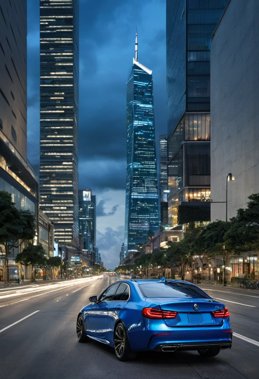 An image with a modern urban background, featuring a cloudy sky and distant tall buildings, suggesting an urban environment at dusk. In the center of the scene, a metallic blue car is at a road