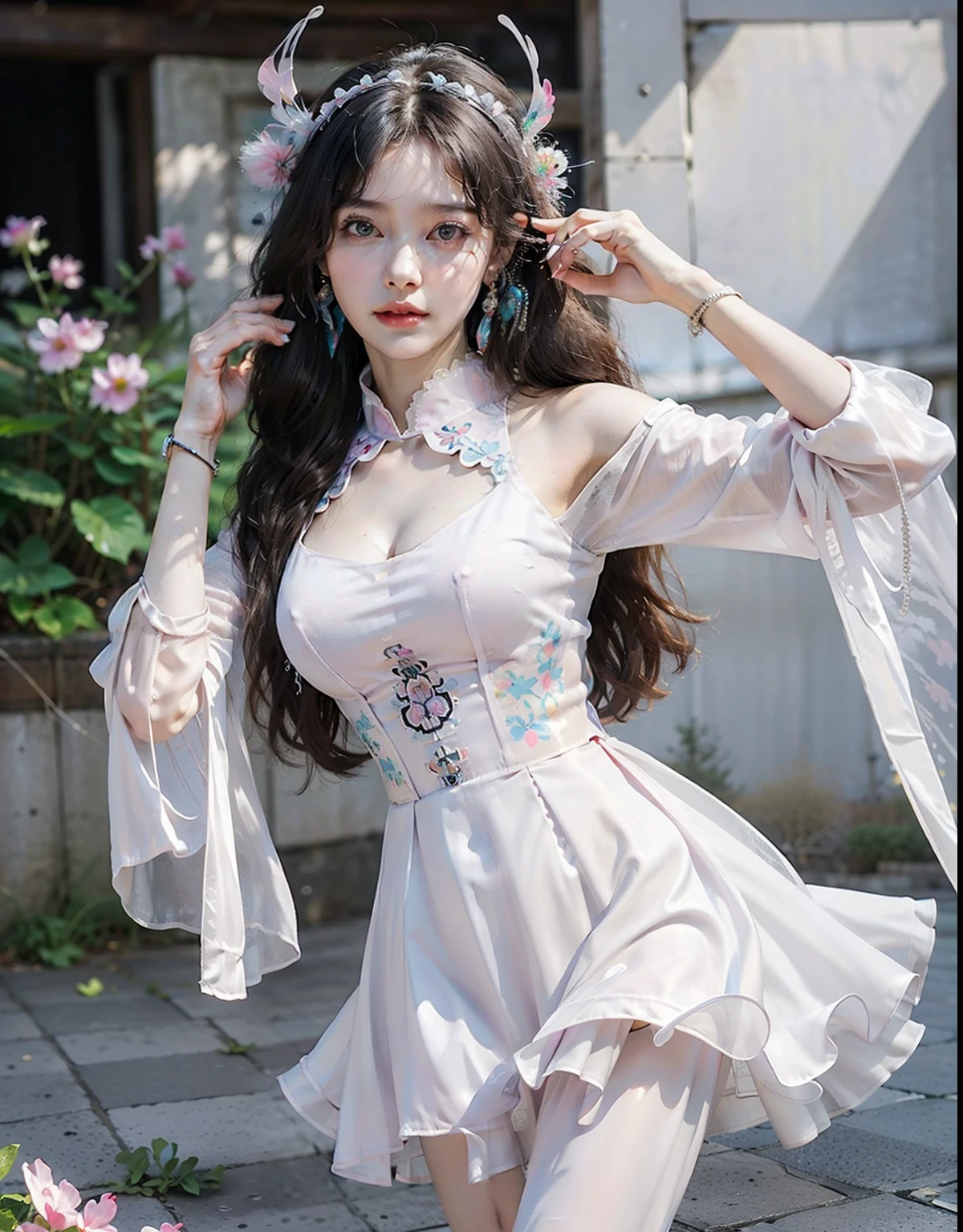 (8k, RAW photo:1.2), best quality, ultra high res,dramatic angle,(fluttered detailed color splashs), (illustration),(((1 girl))),(long hair),(rain:0.9), (Headdress:1.4),There is an ancient palace beside the girl,Hanfu,(Key Points),Color ink painting,(Splash of Color),Splash of Color,(((colorful))),(sketch:0.8) , Masterpiece, best quality, beautiful painted, highly detailed,(denoising:0.6),[splash ink],((ink refraction)), (beautiful detailed sky),moon,highly,detaild,(masterpiece, best quality, extremely detailed） CG Unity 8k Wallpaper，masterpiece，best quality，Ultra Detailed），（Lycoris）.shoulder ballet dress open V-chested clothes Thin silk lace dress short skirt , (huge ，cleavage),, white pink, blue ，best qualtiy，tmasterpiece，Ultra-high resolution，（Reality：1.4），RAW photogr，（True skin texture：1.3），（filmgrain：1.3），（Selfie angle），1个Giant Breast Girl，Beautiful eye and face details，tmasterpiece，Best quality at best，，The chest more exposed， detailed hair, bra pink purple , detail 8k, full body, lace petticoat, fan handle