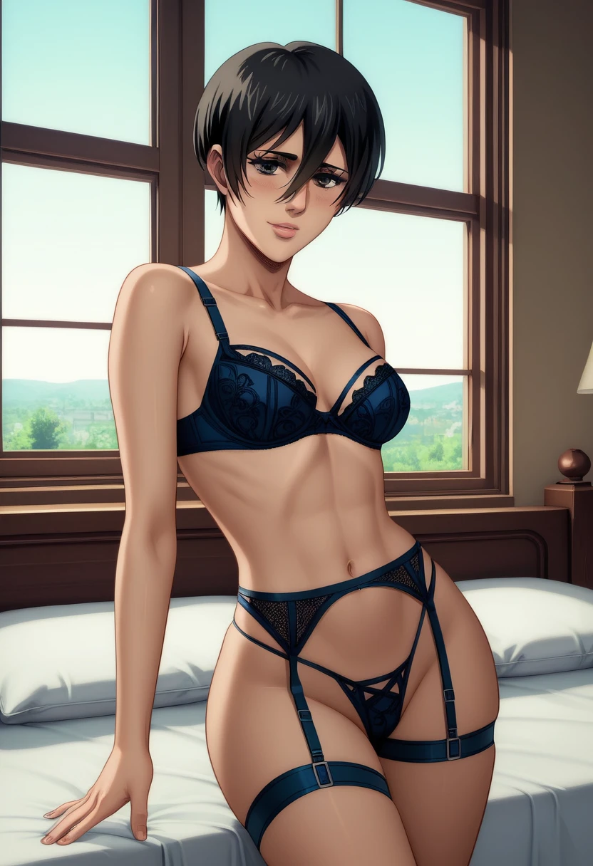 score_9_up, score_8_up, score_7_up, 1girl, solo, mature female, ((Mikasa Ackerman)), ((black very short hair)), ((black pixie cut)), black eyes, pink lips, fit slim body,(((perfect erected medium breast))) (((blue seductive Victoria’s Secret shine straps lingerie, bra with shine straps, thong with shine straps))), (((highly detailed bedroom, window, bed))), perfect fit model body, wide hips, shy smile, seductive pose
