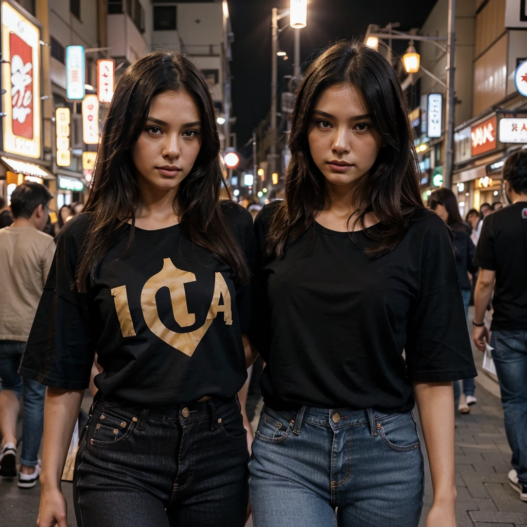 Female supermodel. Black t-shirt and jeans. Dim, soft lighting. Sunset. Sugamo Jizodori Shopping Street, Tokyo, Japan. Sunset.