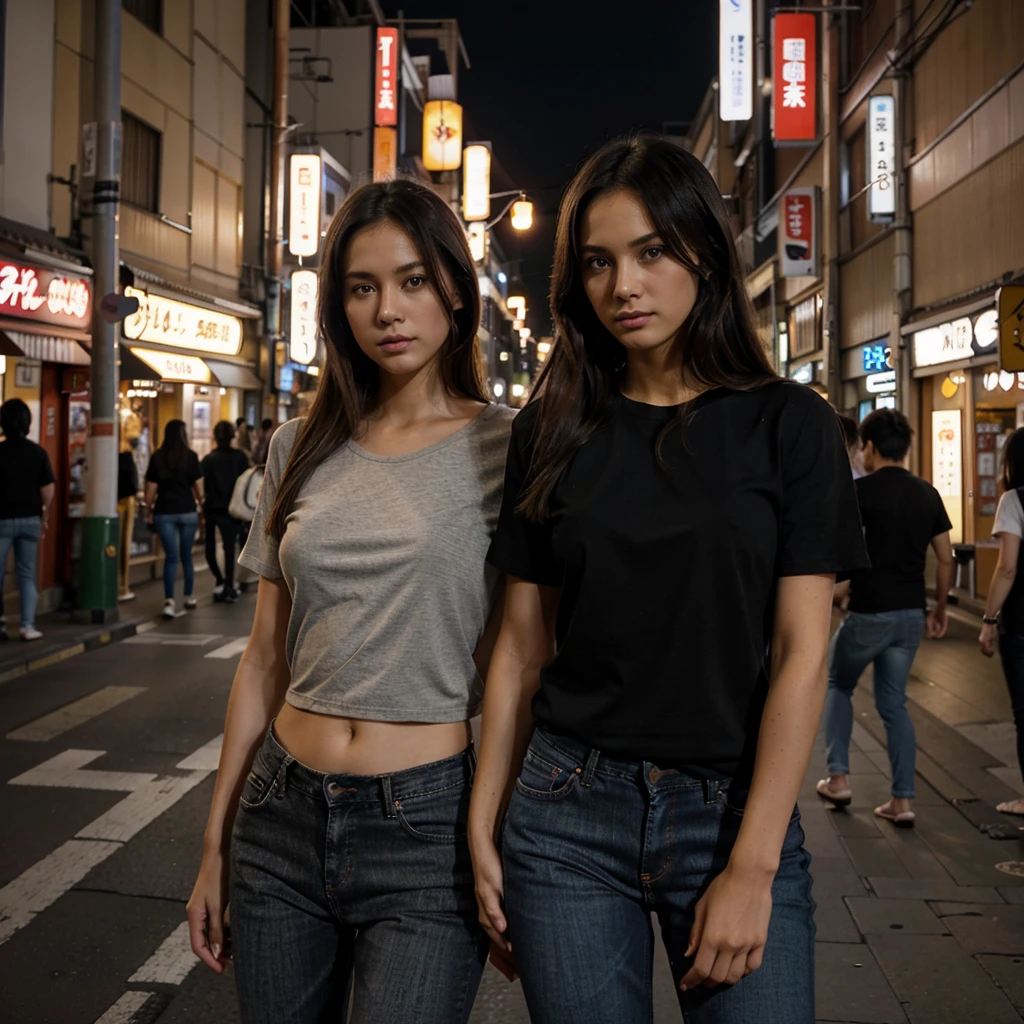 Female supermodel. Black t-shirt and jeans. Dim, soft lighting. Sunset. Sugamo Jizodori Shopping Street, Tokyo, Japan. Sunset.