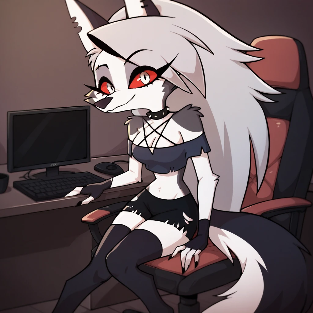 score_9, score_8_up, BREAK, source_anime, (1girl, solo), (sfw), safe for work, perfect body, slim, medium breasts, thigh highs, anthro, furry, smug look on face, fingerless gloves, choker, crop top, cleavage, shorts, sitting on a chair in front of a computer, Loona \(Helluva Boss\),
