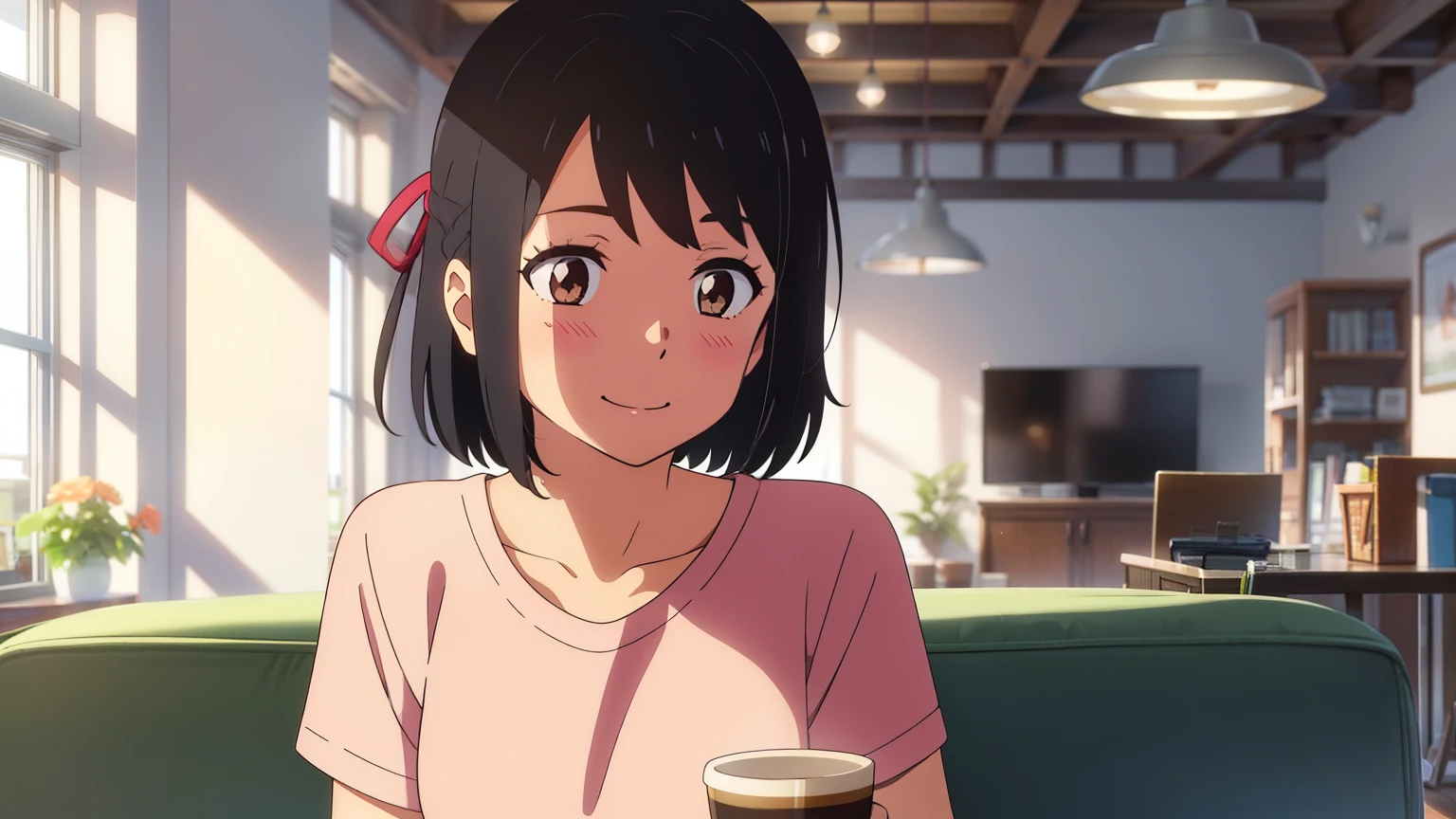 shinkai makoto, Kimi No Na Wa., One girl, bangs, Black Hair, blush, Bright Eyes, Brown eyes, Red headband, short hair, smile, cute, beautiful, Shiny skin, View your viewers, alone, casual shirt, T-Shirts, skirt, plaid skirt, indoor, room, living room, vase, Dynamic Light, coffee, table, Chair, Sitting