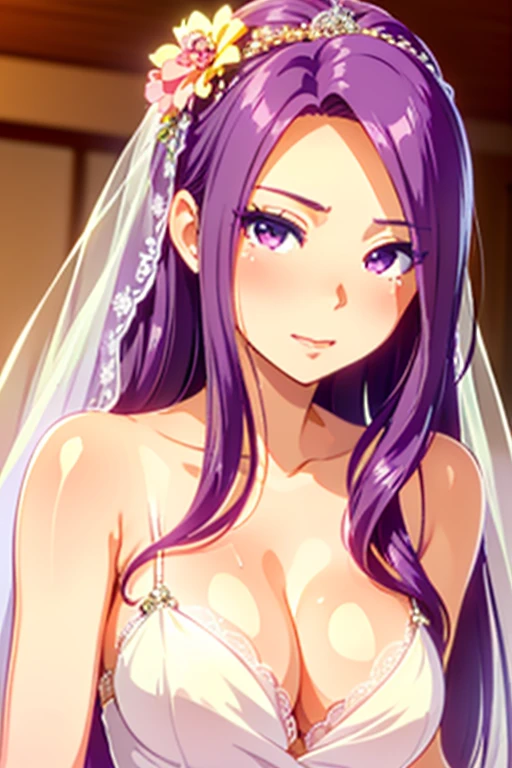 (seira sodeshiro) (highest quality) (very sensual, positive energy) (((solo lady))) (delicate face) (long disheveled hair) ((tanned skin)) (penetrating look) ((extremely pretty)) (she is close to you)) ((teasing you with her hair)) ((your pov)) ((lively colours)) ((loveliest girlfriend)) ((she is watching you)) ((in her bridal dress)) ((loving expression))