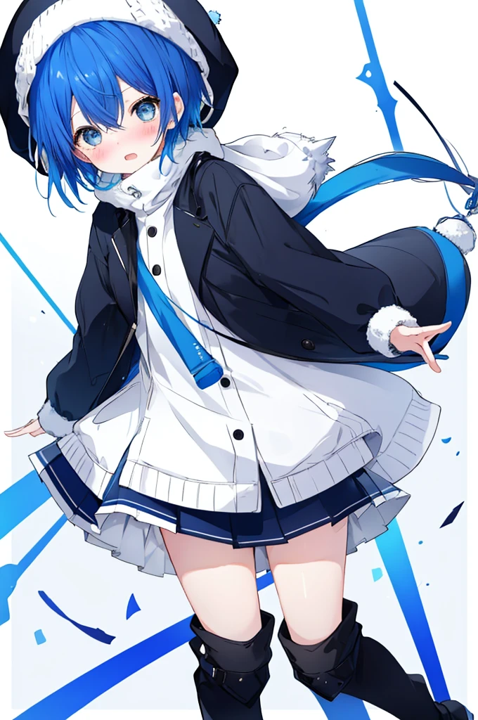Girl、Blue hair short、Black coat、White knit hat、Embarrassed