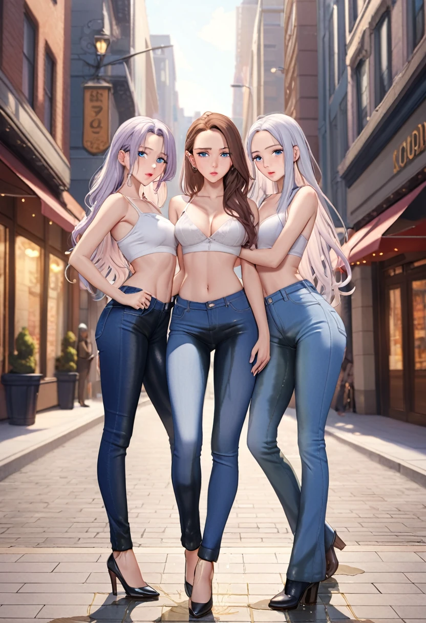best quality, (masterpiece),(ultra-detailed), (high quality), (high resolution), (2heads:1.5), pink hair, black hair color, (larger breasts), (blue eyes ), cleavage, full body,best quality:1.5, highres, UHD, 4K), smiling, ((black tank top)), ((wearing blue jeans)), ((full body)), green eyes (mature woman), casual dress, sexy proportions, thighs, Beautiful girl with accentuated slender abs