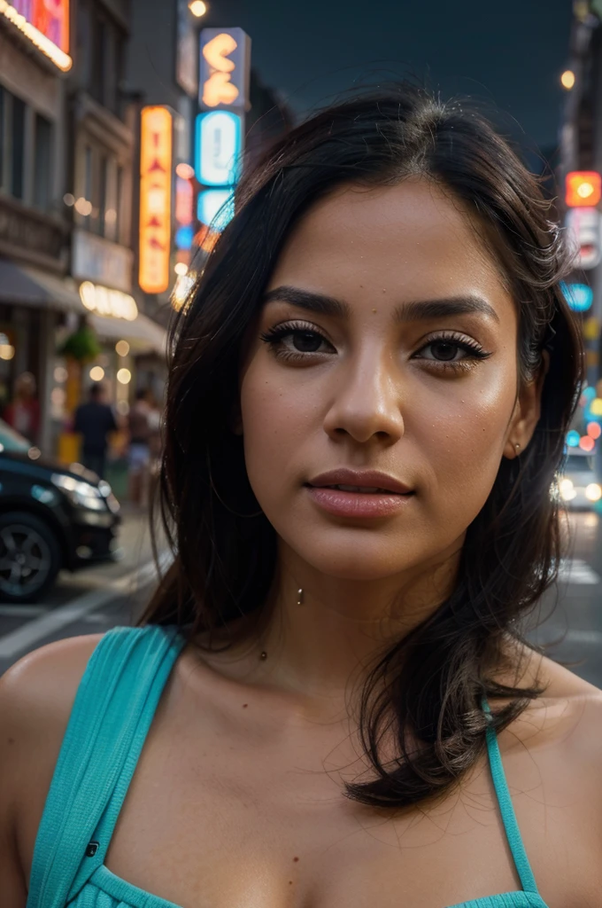 a busy latina woman, beautiful detailed eyes, beautiful detailed lips, extremely detailed face, long eyelashes, latina woman in a city, detailed urban background, detailed buildings, detailed sidewalks, detailed vehicles, city lights, neon signs, (best quality,4k,8k,highres,masterpiece:1.2),ultra-detailed,(realistic,photorealistic,photo-realistic:1.37),cinematic lighting,vibrant colors,dramatic atmosphere