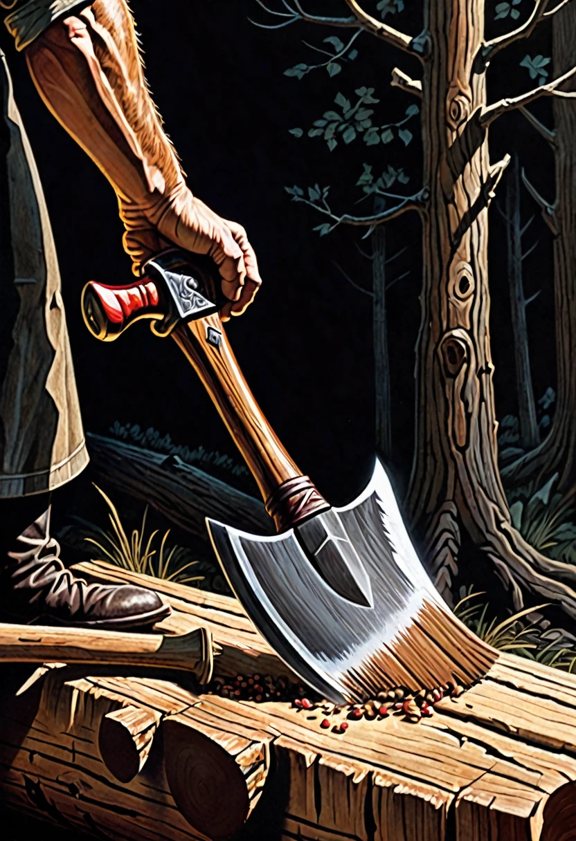 a close up of a hand linfting an axe from a log at midday, dark fantasy paper style from the 70s, with intense painting and a german romantic style, shadows and spectacultar lighting
