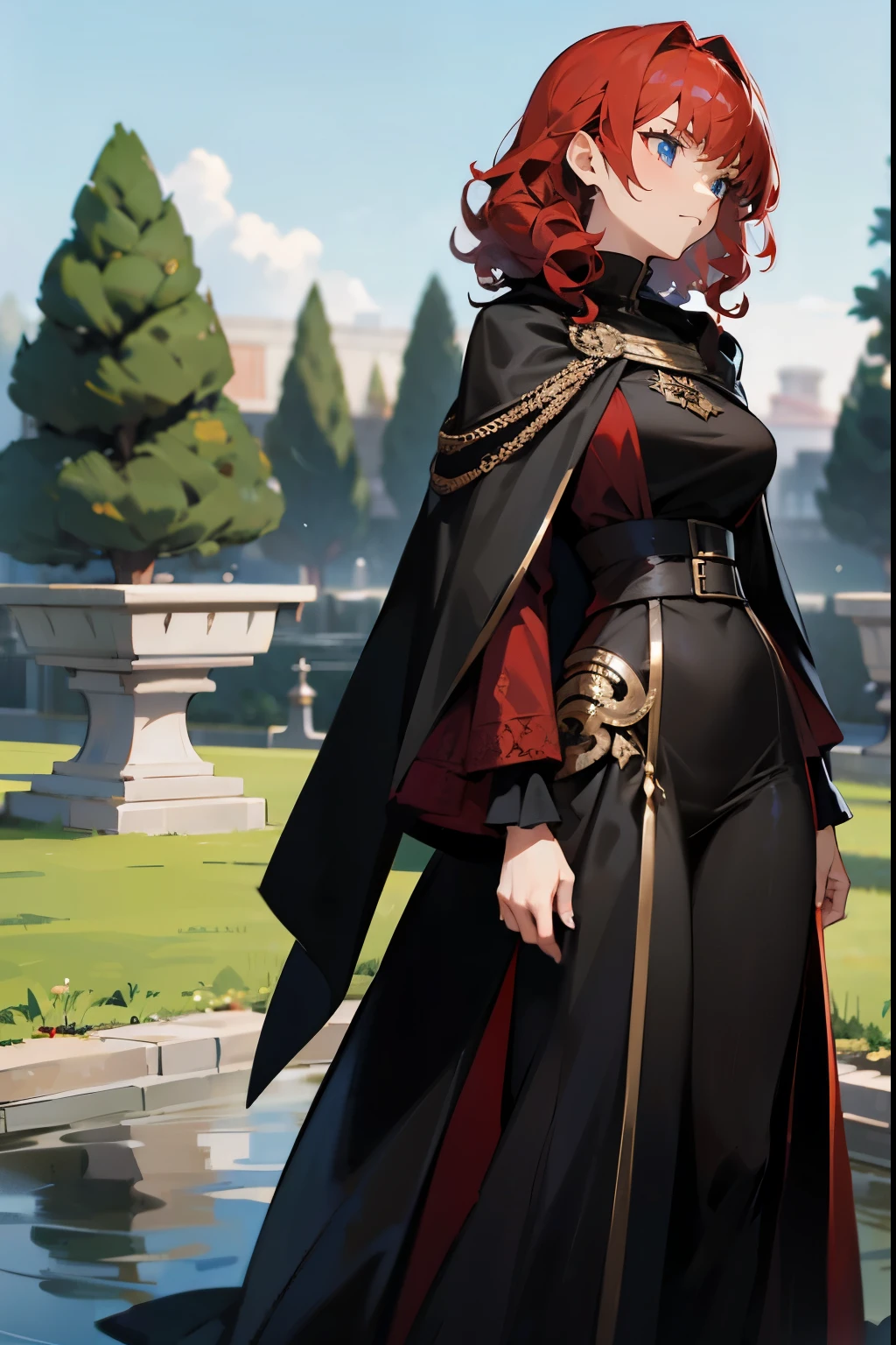 1female, Red Hair, Black Dress, Curly Hair, Gold and Black Cloak, Elegant Outfit, Blue Eyes, Serious Expression, Athletic, High Ranker, Adult Female, Garden, Standing by a Fountain