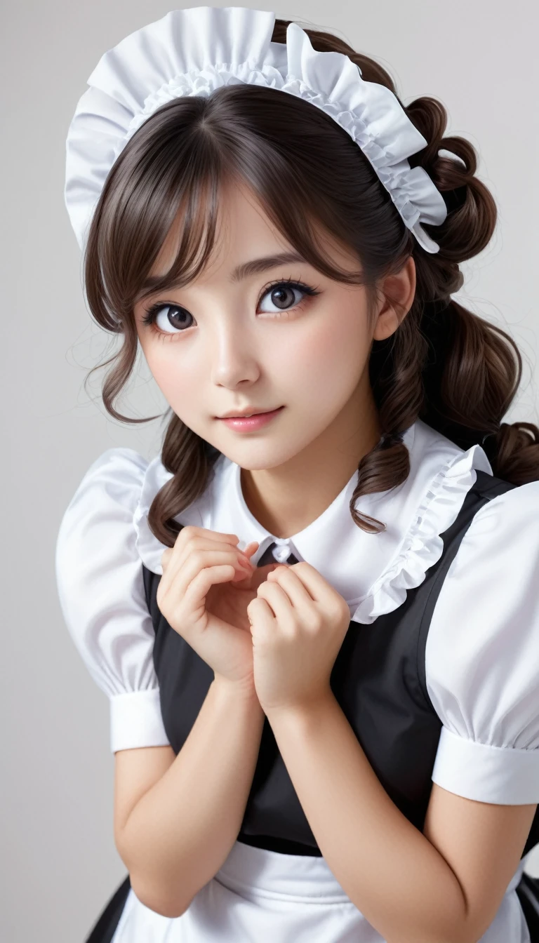 ((beautiful maid:1.5),high resolution, top quality),wearing sexy maid's uniform,soft hands, big bright eyes, dark and vibrant curled hair, rosy cheeks, soft light, pure white background.  
subservient expression