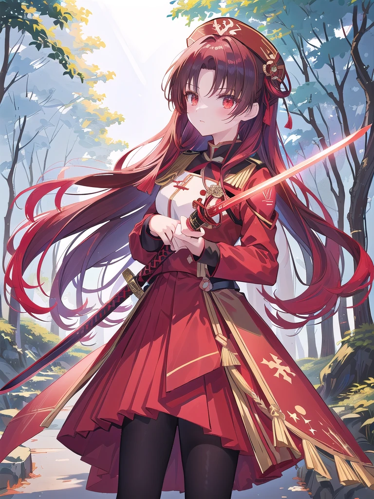 anime girl in red uniform holding a sword in a forest, rin tohsaka, hijikata toushirou, red uniform, anime moe artstyle, marin kitagawa fanart, ayaka genshin impact, from girls frontline, taisho roman, official art, official character art, anime style like fate/stay night, keqing from genshin impact