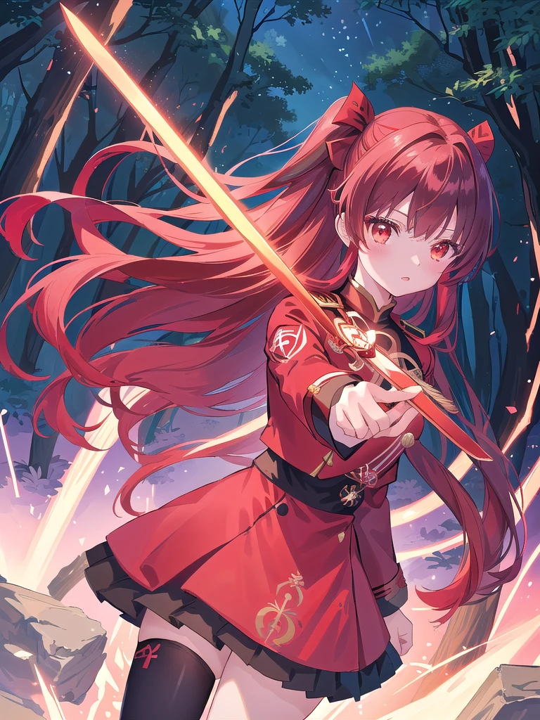 anime girl in red uniform holding a sword in a forest, rin tohsaka, hijikata toushirou, red uniform, anime moe artstyle, marin kitagawa fanart, ayaka genshin impact, from girls frontline, taisho roman, official art, official character art, anime style like fate/stay night, keqing from genshin impact