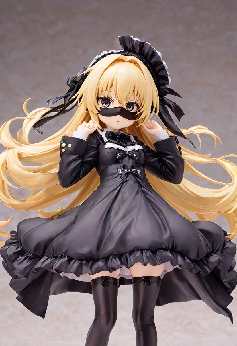 BREAK Perfect Anatomy、(High resolution:1.2)、Incredible illustrations、(Cute illustrations:1.2,nsfw),(Beautiful background,)1gial((blonde hair,shiny hair,hair intakes:1.8,long hair)(doyagao)(Black coat,Gothic Lolita style battle uniform,SILKthong,garter straps,Eye patch:1.5),(a girl, ,height 1.7meters, 40kg),,-yeld,flchest)Cosplayer surrounded by people