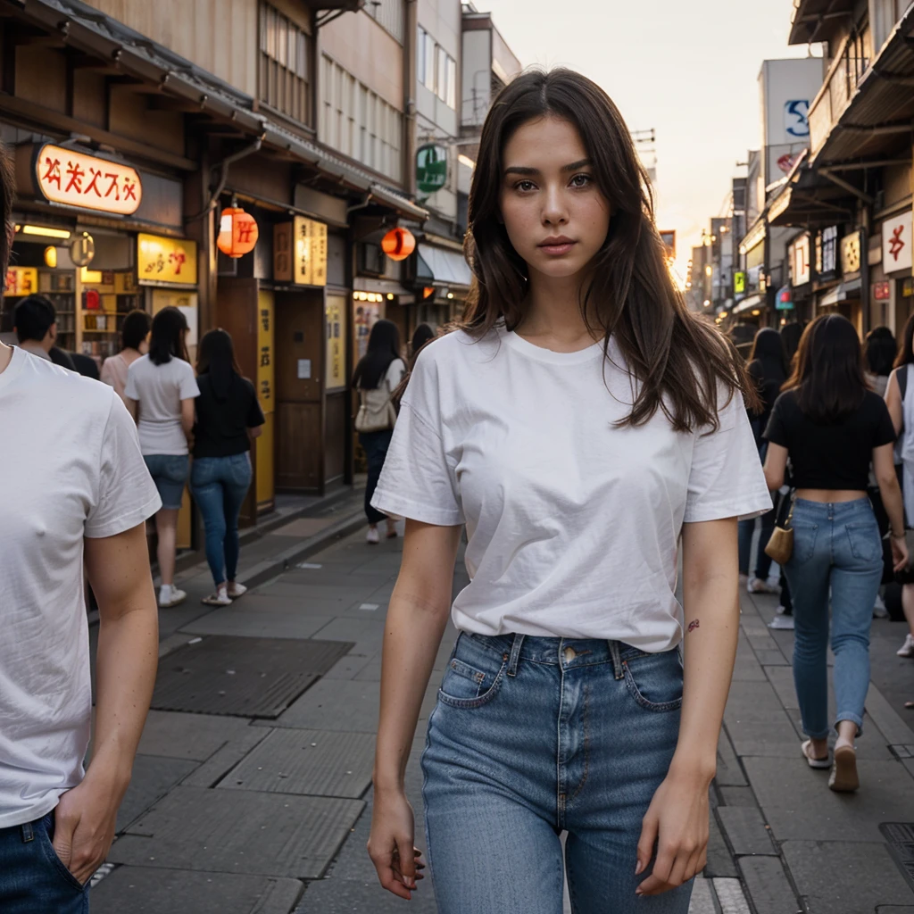 Female supermodel. White t-shirt and jeans. Dim, soft lighting. Sunset. Sugamo Jizodori Shopping Street, Tokyo, Japan. Sunset.