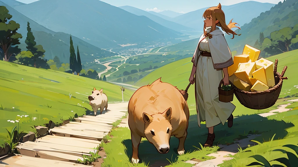 A beautiful capybara woman walks up the mountain and carries a basket of cheese.