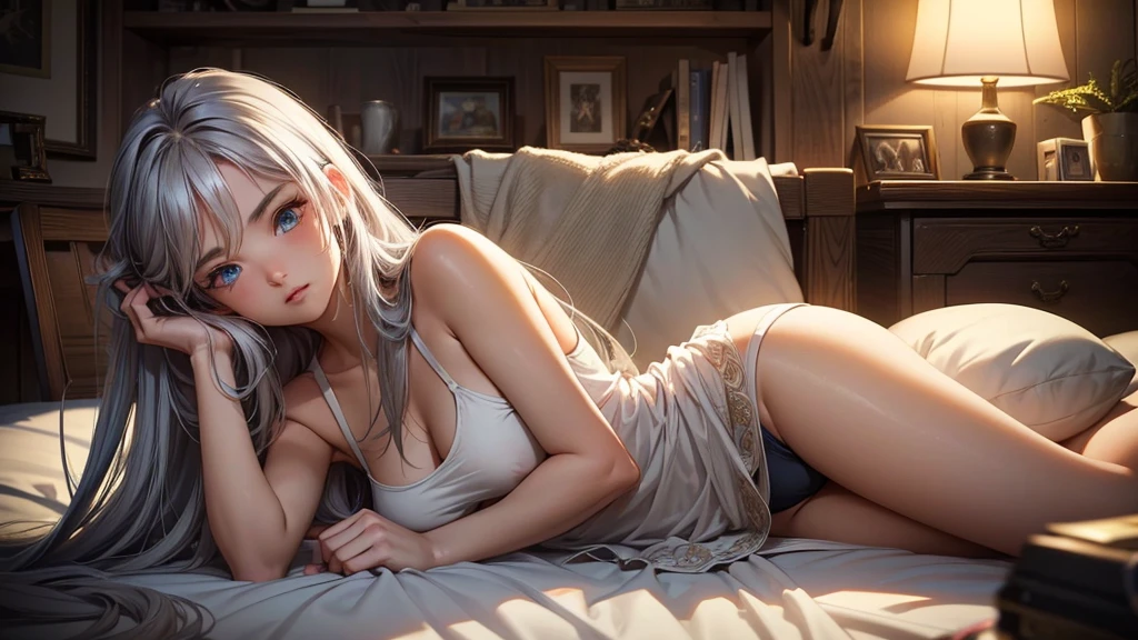 Create a high-quality, detailed image of a beautiful anime girl with long, flowing hair and intricate details. She is peacefully asleep on her bed in her cozy gaming room. She has extremely detailed eyes, beautiful lips, and long eyelashes. She wears a snug tank top that barely conceals her nipples and panties, highlighting her stunning curves. The warm, inviting scene includes soft ambient lighting, comfortable seating, and plush bedding, with the room illuminated by a small, glowing lamp. The gaming room features posters, a high-end PC setup with RGB lighting, and various gaming accessories. The overall atmosphere is serene and intimate, with vibrant colors and natural lighting creating a photorealistic effect.