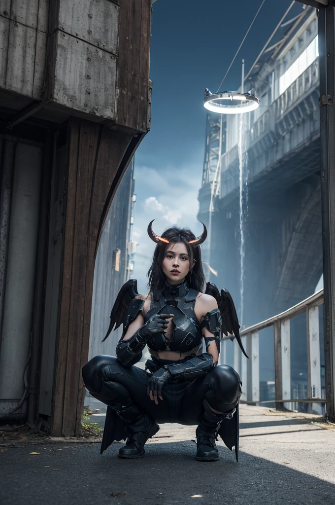 1 Girl, Solitary, Squat, bridge , Halo, Detached wings, Devil&#39;s Horns, main outfit, Black jacket, Cardigan jacket, mismatched gloves, fur-trimmed hood, White shirt, Black shorts, clavicle, Ankle boots, Smile, Close one eye, Falling from a tall building，Holding an open umbrella