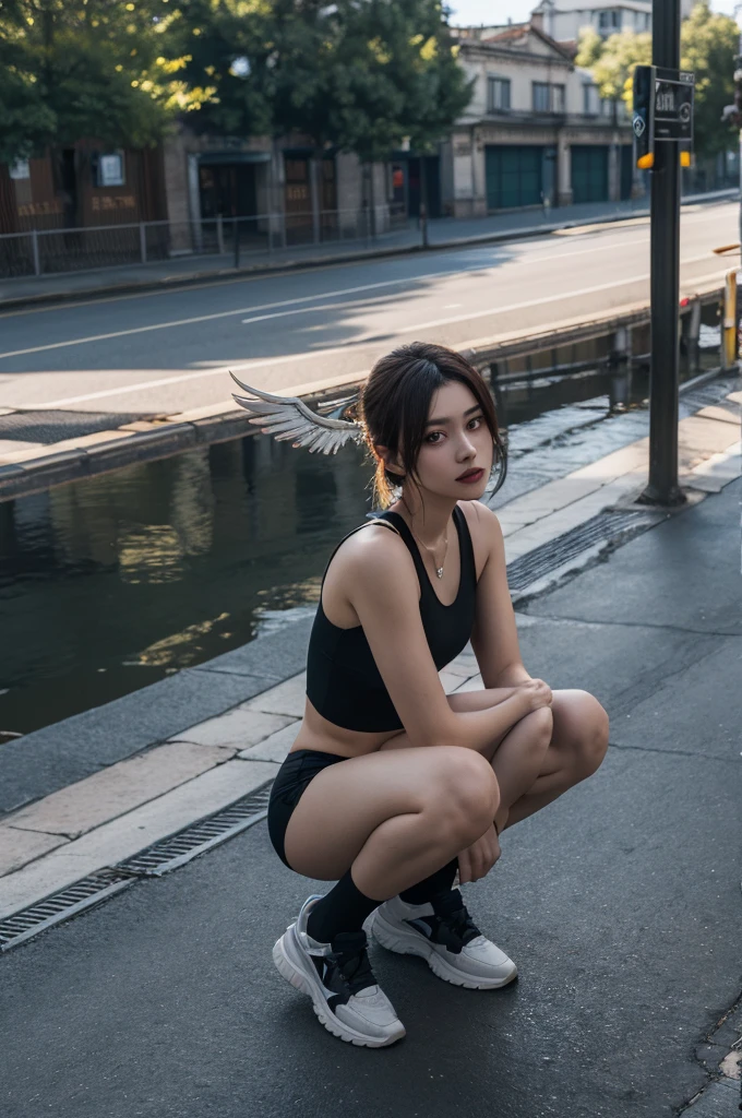 1 Girl, Solitary, Squat, bridge , Halo, Detached wings, Devil&#39;s Horns, main outfit, Black jacket, Cardigan jacket, mismatched gloves, fur-trimmed hood, White shirt, Black shorts, clavicle, Ankle boots, Smile, Close one eye, Falling from a tall building，Holding an open umbrella