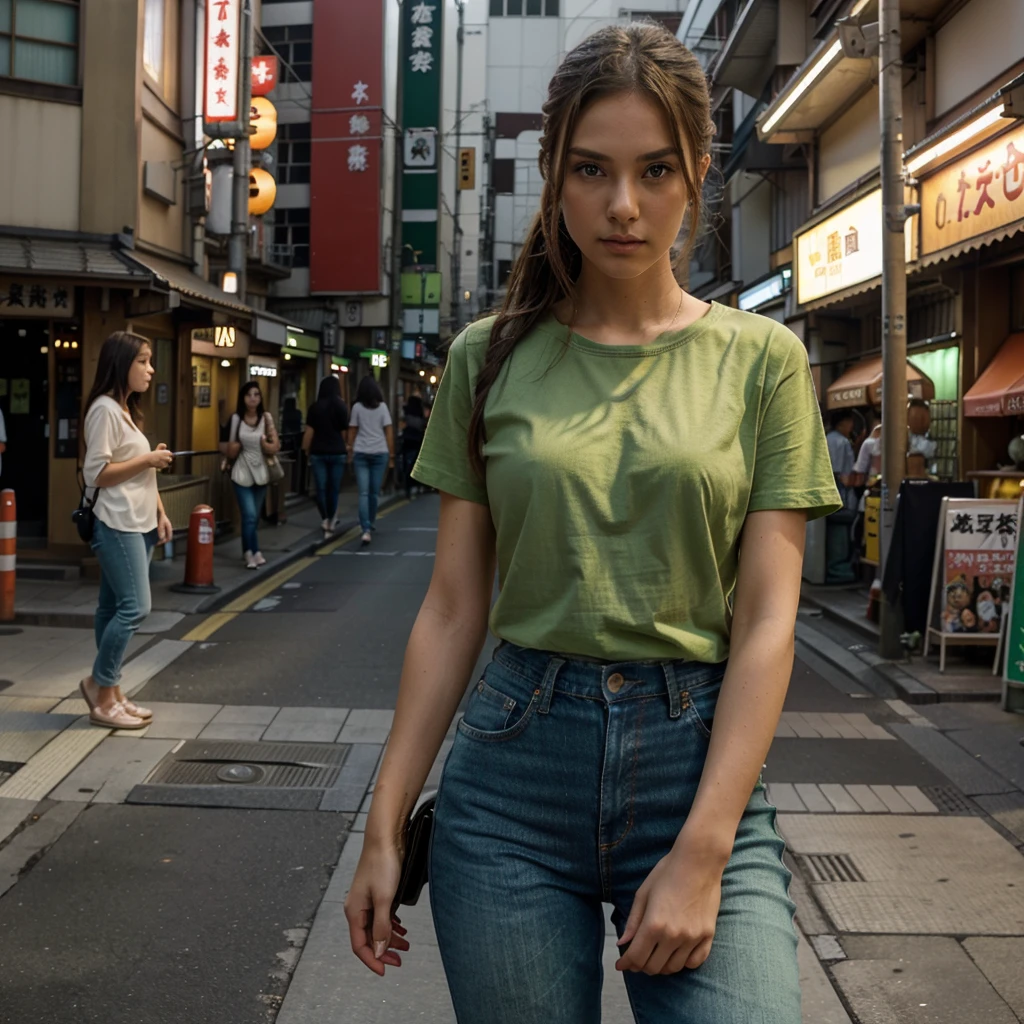 Female supermodel. Green t-shirt and jeans. Dim, soft lighting. Sunset. Sugamo Jizodori Shopping Street, Tokyo, Japan. Sunset.