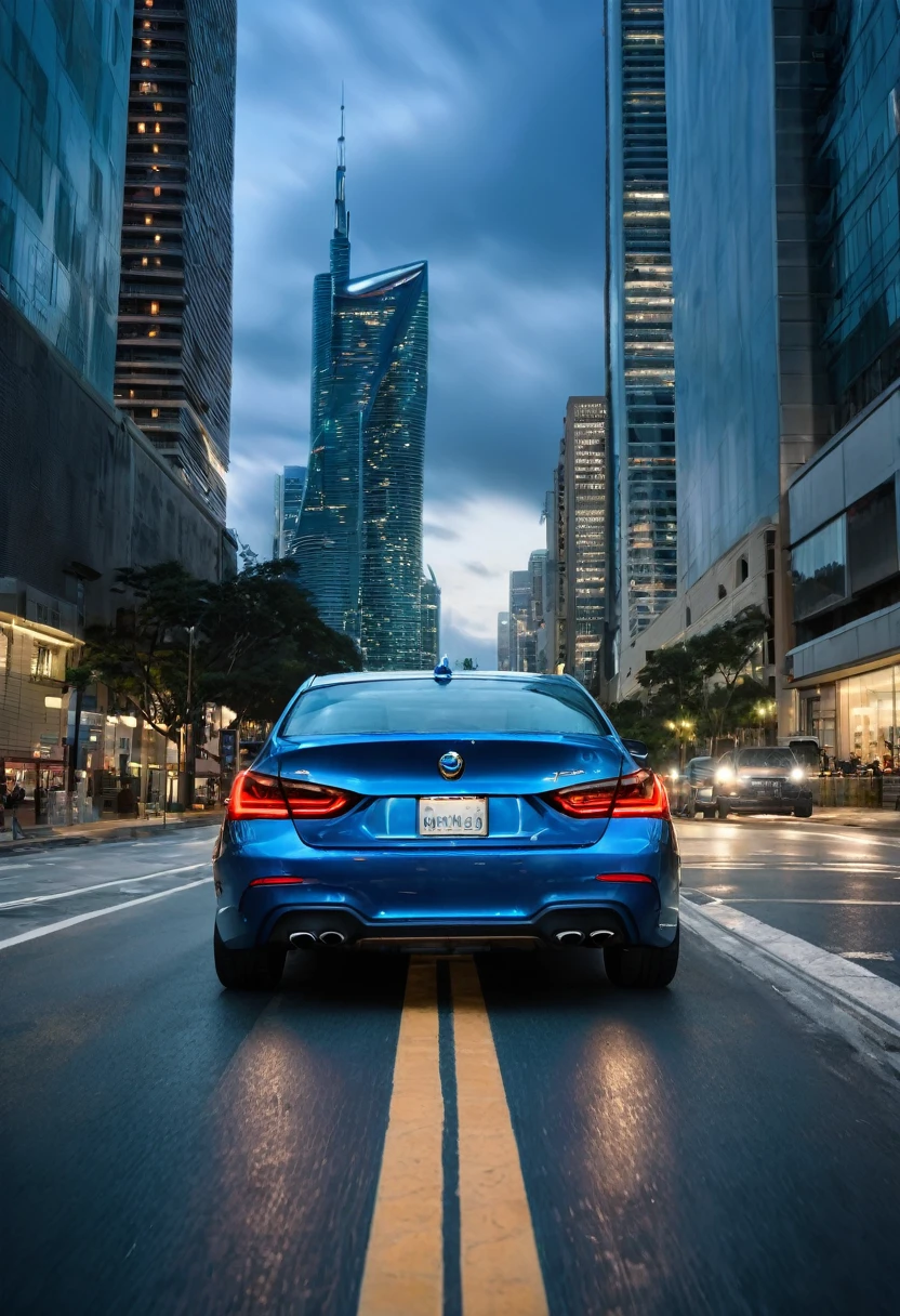 An image with a modern urban background, featuring a cloudy sky and distant tall buildings, suggesting an urban environment at dusk. In the center of the scene, a metallic blue car is at a road the camera has a low angle regard the car