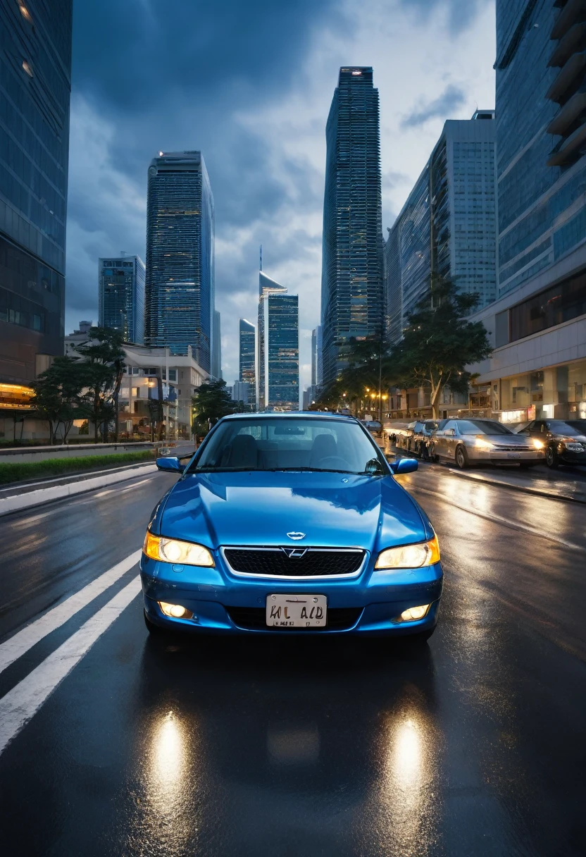 An image with a modern urban background, featuring a cloudy sky and distant tall buildings, suggesting an urban environment at dusk. In the center of the scene, a metallic blue car is at a road the camera has a low angle regard the car