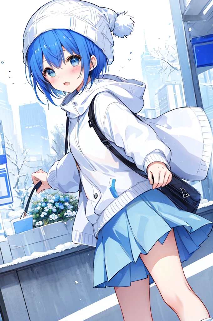 Girl、Blue hair short、Winter clothes、White knit hat、Embarrassed