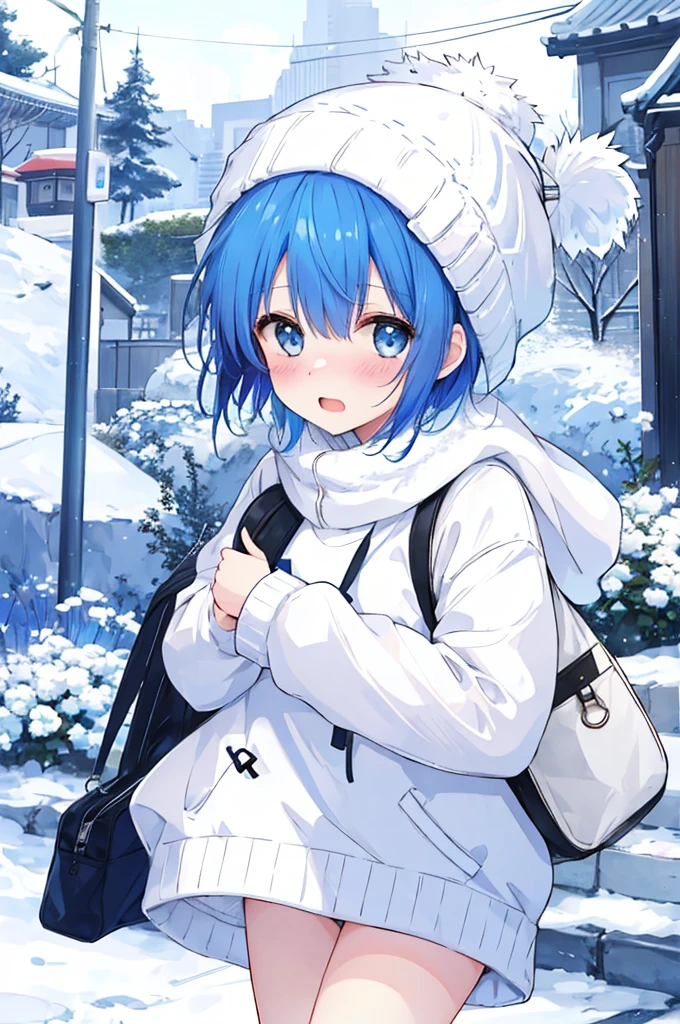 Girl、Blue hair short、Winter clothes、White knit hat、Embarrassed