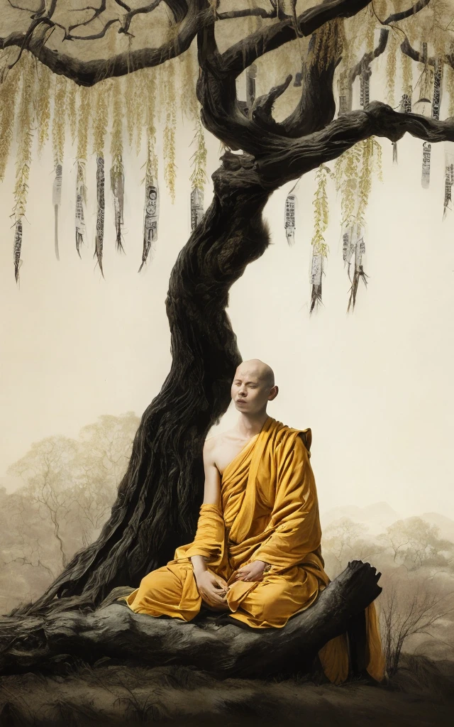 A detailed picture of a monk sitting meditation, could be sitting under a big tree, full body, eyes closed. his head shaved bald. Buddhism style. The monk clothing drapes elegantly but do not expose the body , and the dark yellow, could be in nature, background contrasts sharply with the monk, making it the focal point. The overall ambiance of the image is peacefully, emphasized by the play of light and shadow. Wide shot. front view. Realistic, Hyper detailed. traditional chinese ink painting, modelshoot style, peacefuln song, willow tree in background, wuchangshuo,