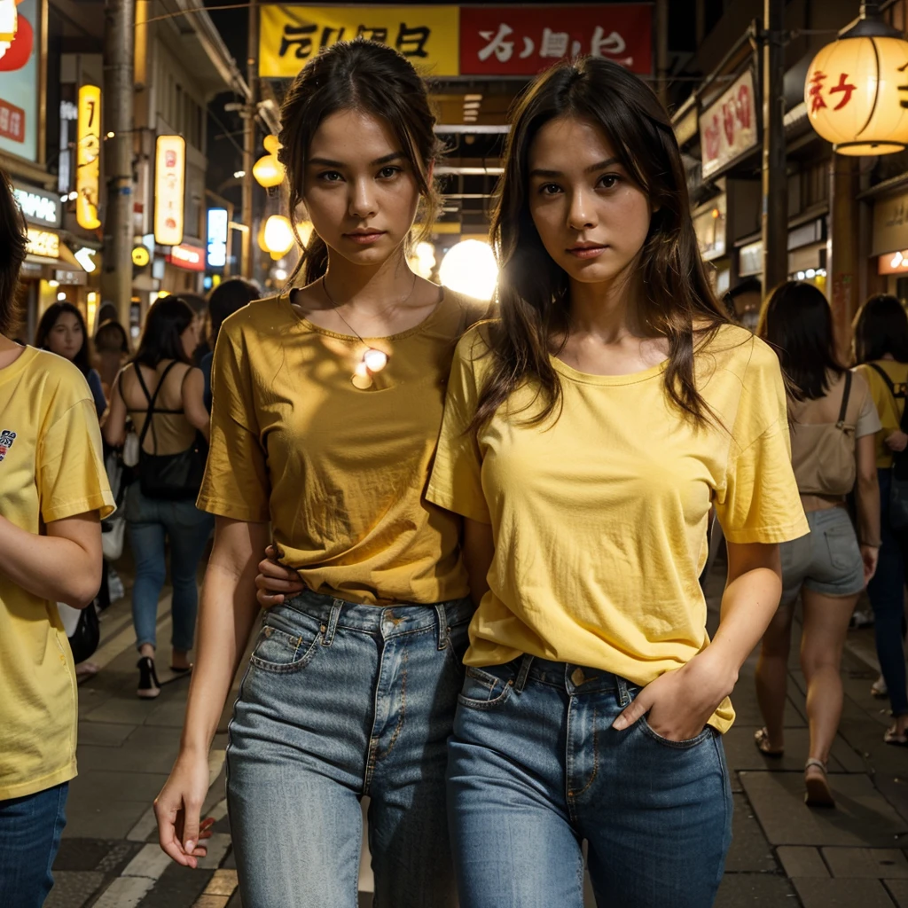 Female supermodel. Yellow t-shirt and jeans. Dim, soft lighting. Sunset. Sugamo Jizodori Shopping Street, Tokyo, Japan. Sunset.