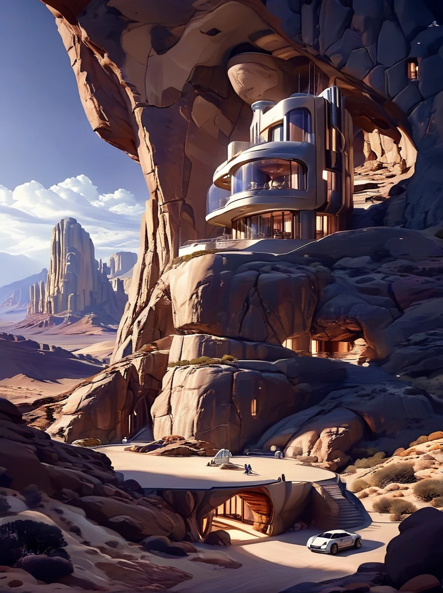futuristic home sci fi, scene is built into a large rock formation, beautiful lighting