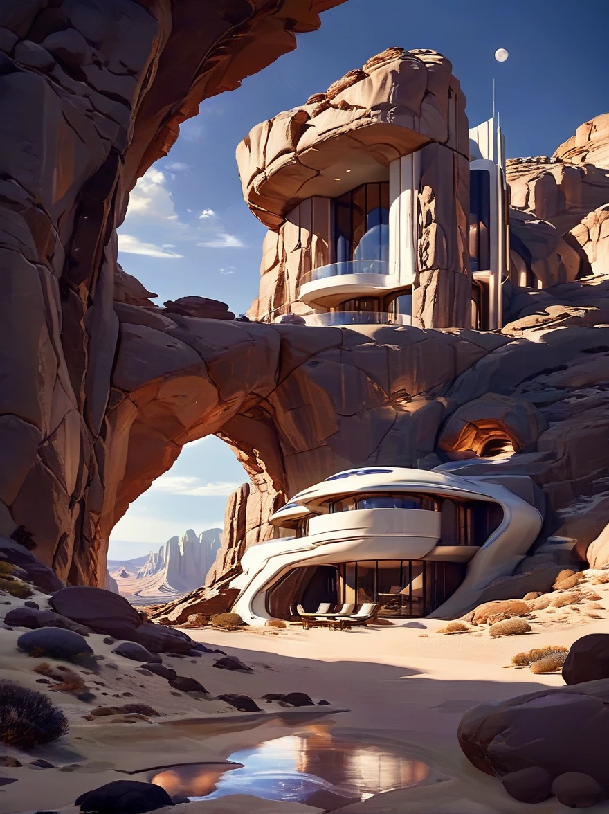 futuristic home sci fi, scene is built into a large rock formation, beautiful lighting