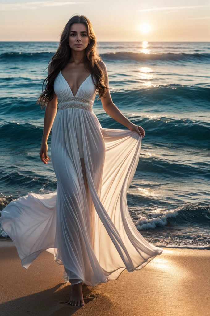 A beautiful Spanish woman with long dark hair, wearing a flowing white dress, standing on a sandy beach with crashing waves in the background, sunlight casting a warm glow on her skin, (best quality,4k,8k,highres,masterpiece:1.2),ultra-detailed,(realistic,photorealistic,photo-realistic:1.37),highly detailed face, intense eyes, full lips, intricate dress folds, ocean waves, golden hour lighting, soft focus, cinematic composition