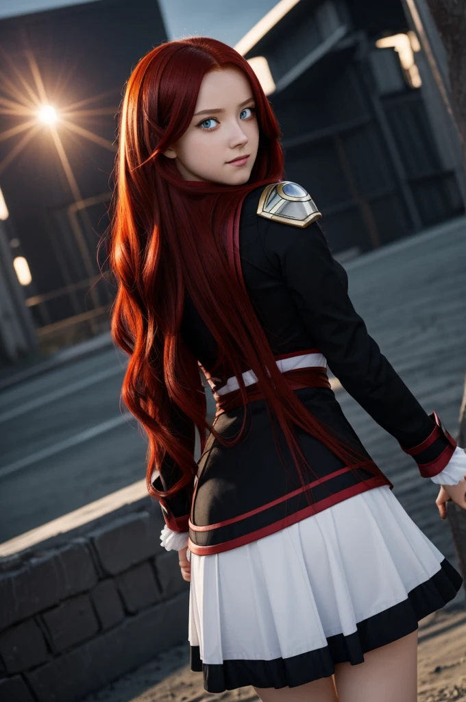 A girl with long black and red hair and blue eyes who studies at my Hero Academia has the power of light and darkness and is disguised as a goddess.