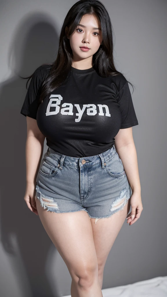 21 year old girl, soft layered hair. (Wearing a black t-shirt, denim shorts). Natural big breasts, showing big thighs, plump body. Standing pose. Gray background