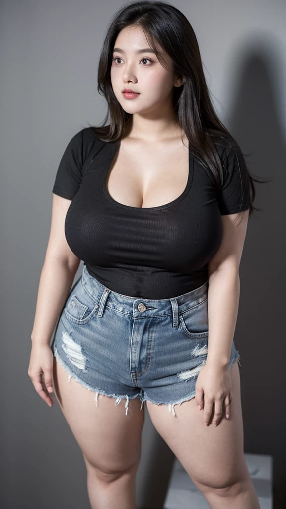 21 year old girl, soft layered hair. (Wearing a black t-shirt, denim shorts). Natural big breasts, showing big thighs, plump body. Standing pose. Gray background