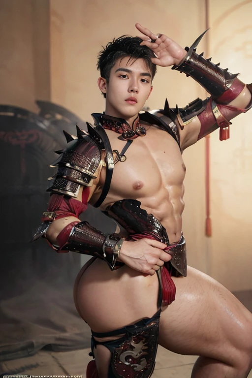 (High resolution, Pixels are perfect, luxurious illustration), nsfw , eroticism , sexy,(hyper quality, masutepiece, Ethereal: 1.4), (Solo:1.4), ((Very short hair, spiked hair)), ((angry)), pale skin, muscular. ((thick thighs)), ((puffy nipples , swollen nipples)), ((very tight , tight, narrow waist))(((unrealistic wide pelvis , unrealistic wide hips))), (Open your legs slightly), Ass, ass forcus,((Butt sticking out pose)), (((((((chinese armor))))))), (maroon Armor), ((Leotard)), Extremely detailed , Photorealistic , Very deep eyes, Perfect eyes, wetted skin, (Shiny skin), , ((only male , only boy , gay , gay focus)) , This photorealistic portrait combines the style of National Geographic., Capture every detail of his textured skin in 8k resolution. Leica digital SLR camera. His features were clearly visible., From the deep-set eyes to the chiselled jawline., Make this image a true masterpiece..Lift. (8K UHD、RAW Photography、Photorealistic Portrait Leica Digital SLR、Lifelike images)