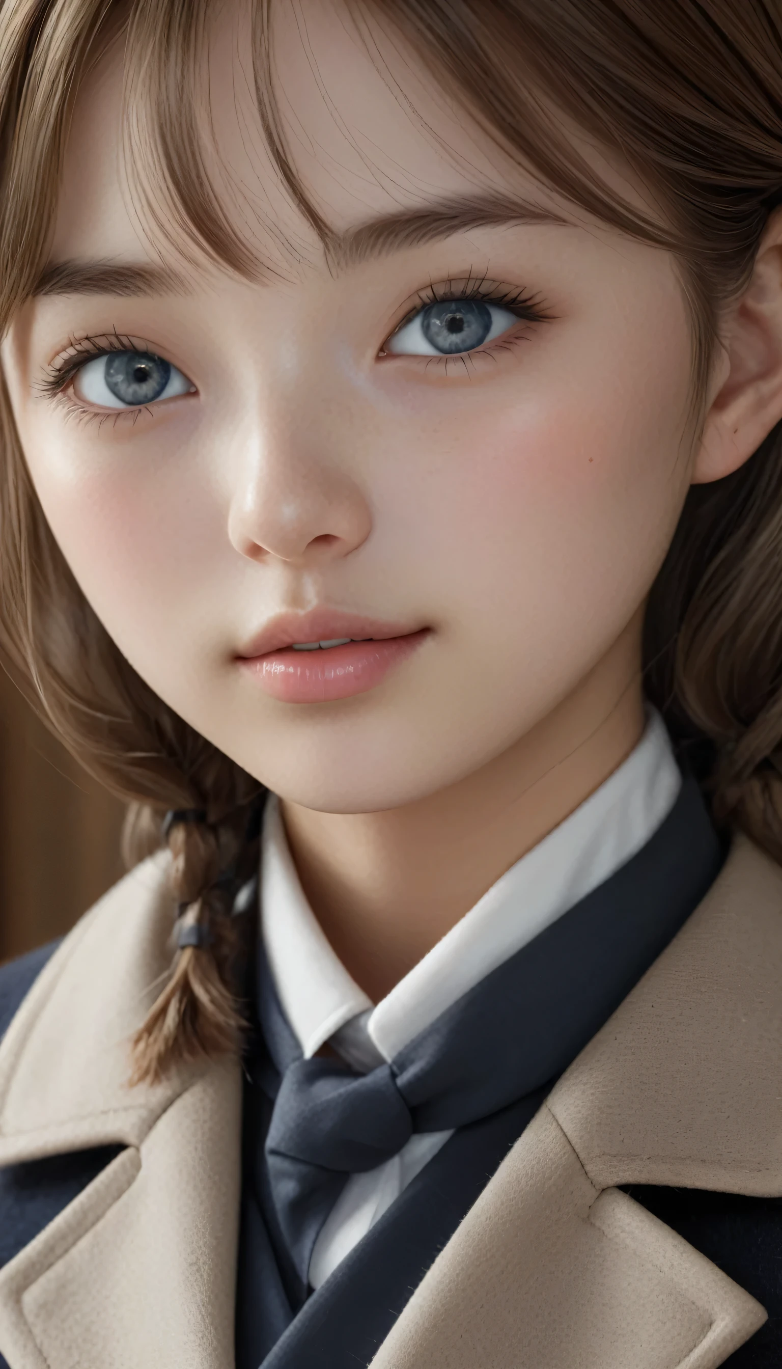 ((masterpiece)), best quality, extremely detailed face, ultra high res, (photorealistic:1.4), Amazing, finely detail, huge filesize, correct exposure, 1girl, svelte body, 162cm height, (intricate details), SOLO, looking at viewer, perfect lighting, realistic, lips, blush, shiny skin, fair skin,extremely detailed face, beautiful detailed eyes, (detail skin:1.2), makeup, depth of view, ((school uniform, overcoat,black stocking,leather shoes,)),full body, standing,